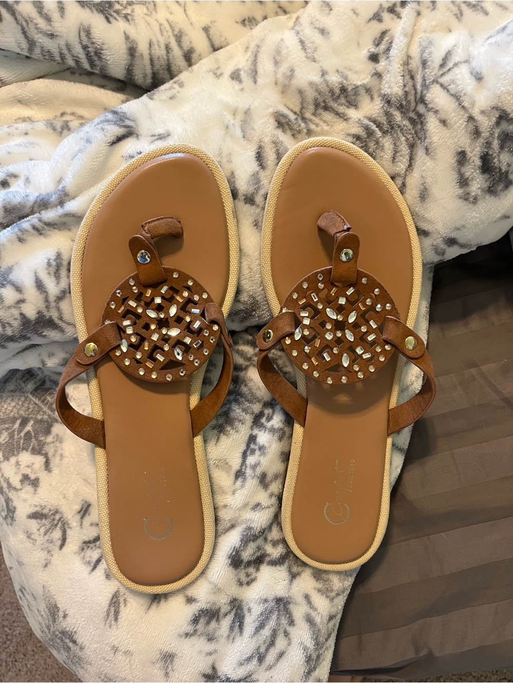 Women's Tan Embellished Toe-Post Sandals Size 8